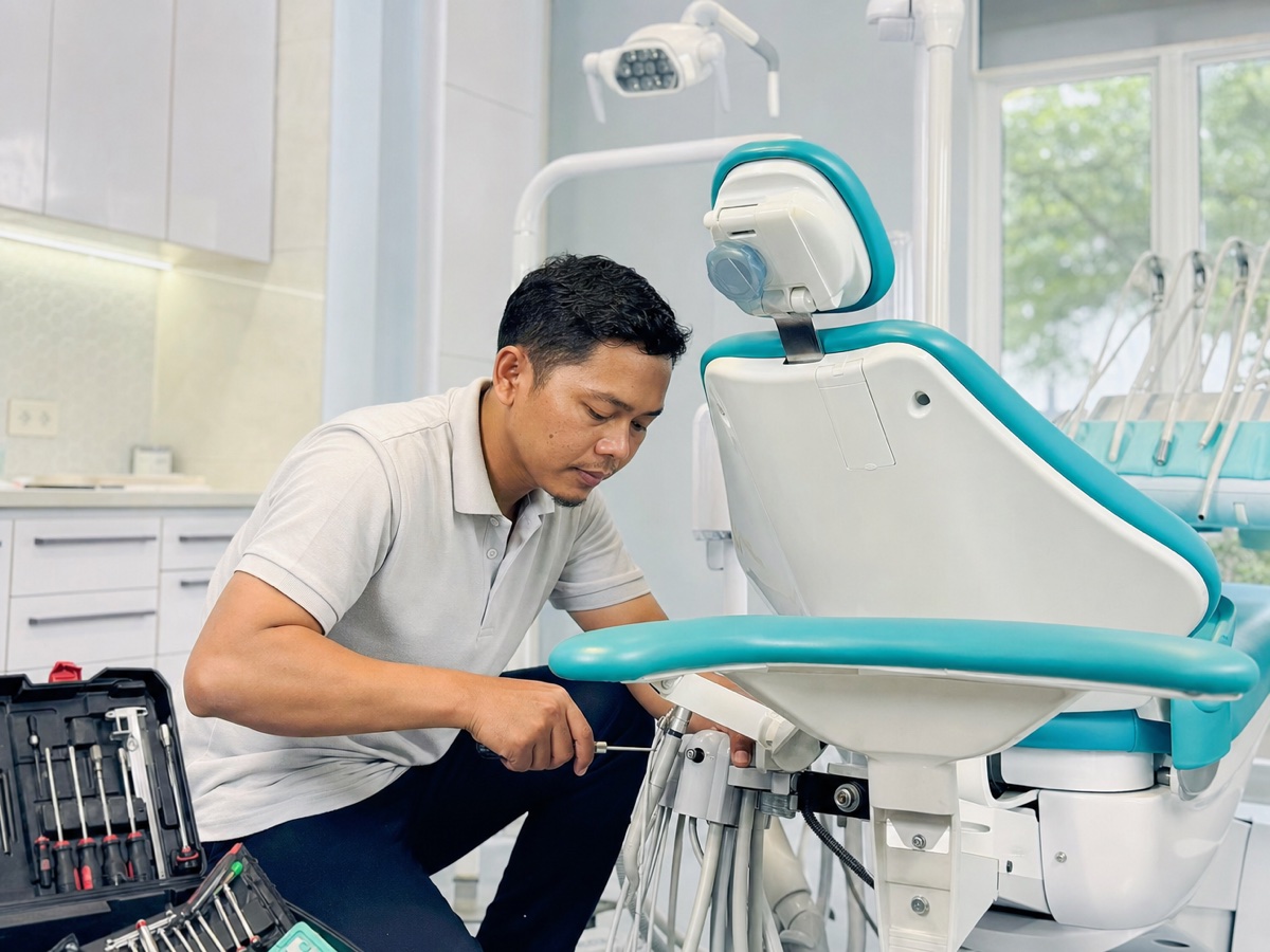 A Flash Dental technician servicing a dental chair unit on-site